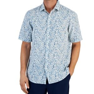 New Men's Regular-Fit Textured Geo-Print Button-Down Shirt in Vanilla Ice Color.